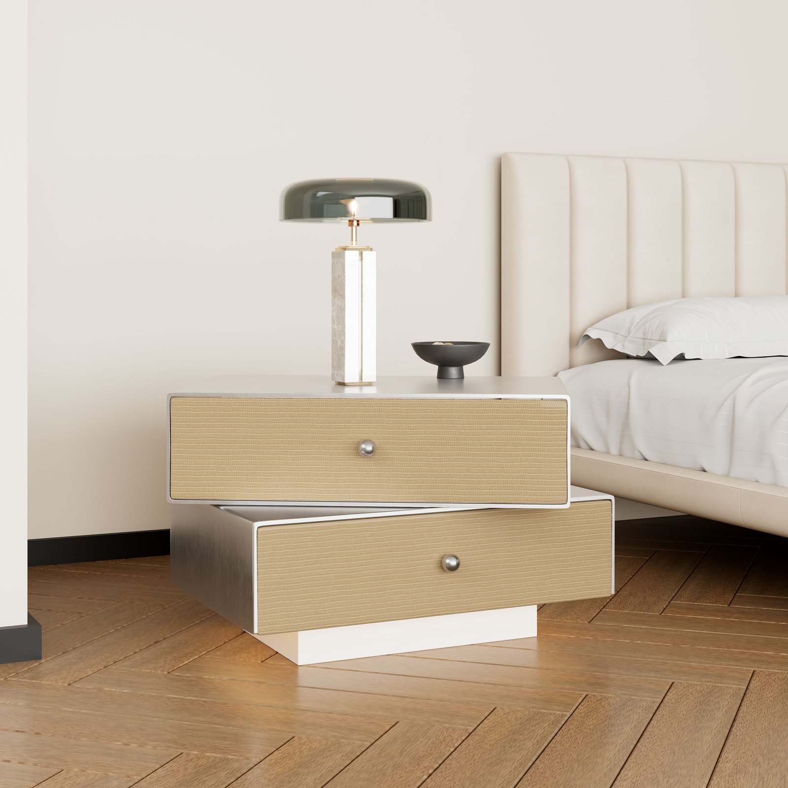 Faux leather headboard and side tables in modern hotel room