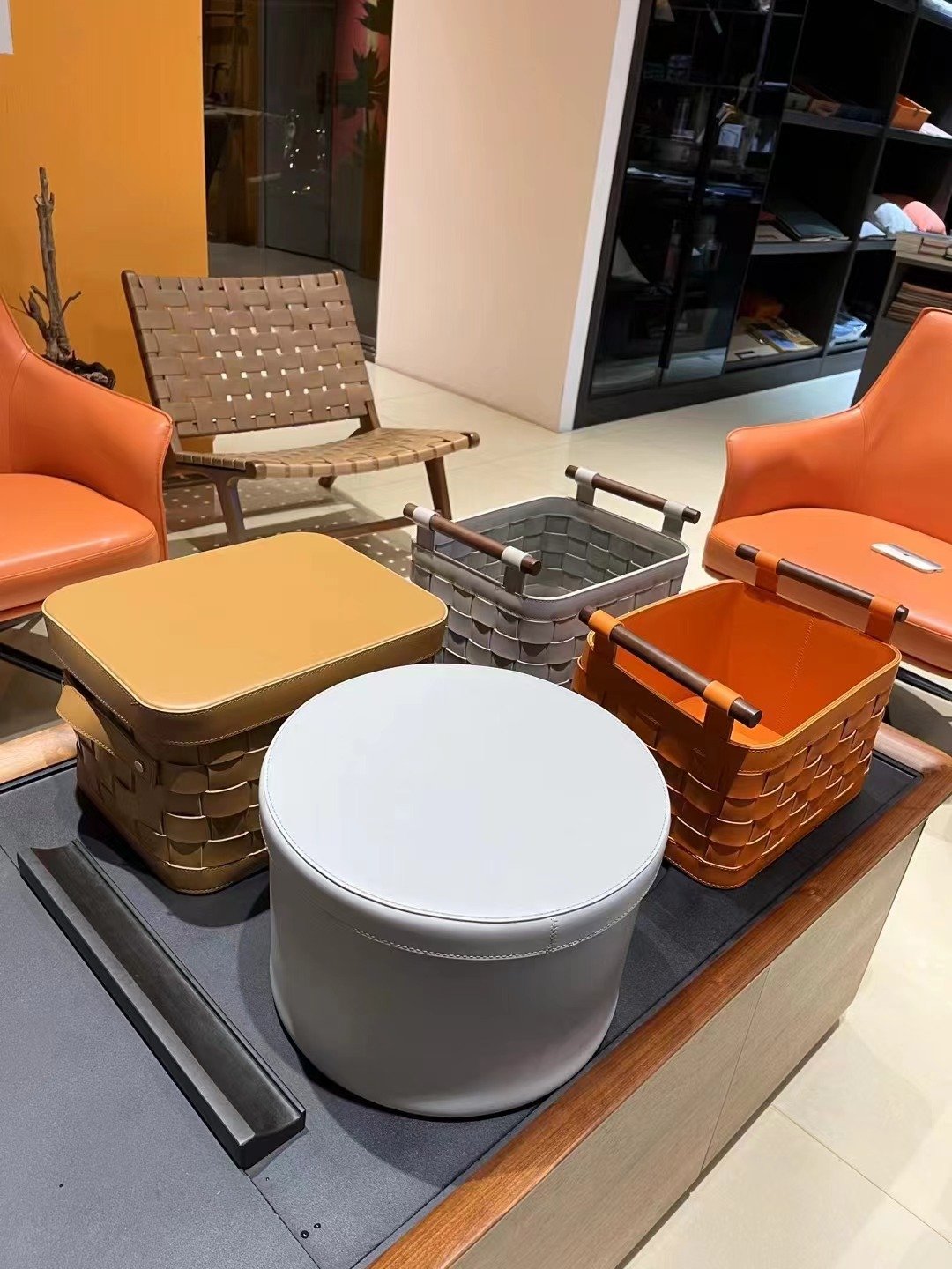 Luxury hotel lobby with faux leather seating